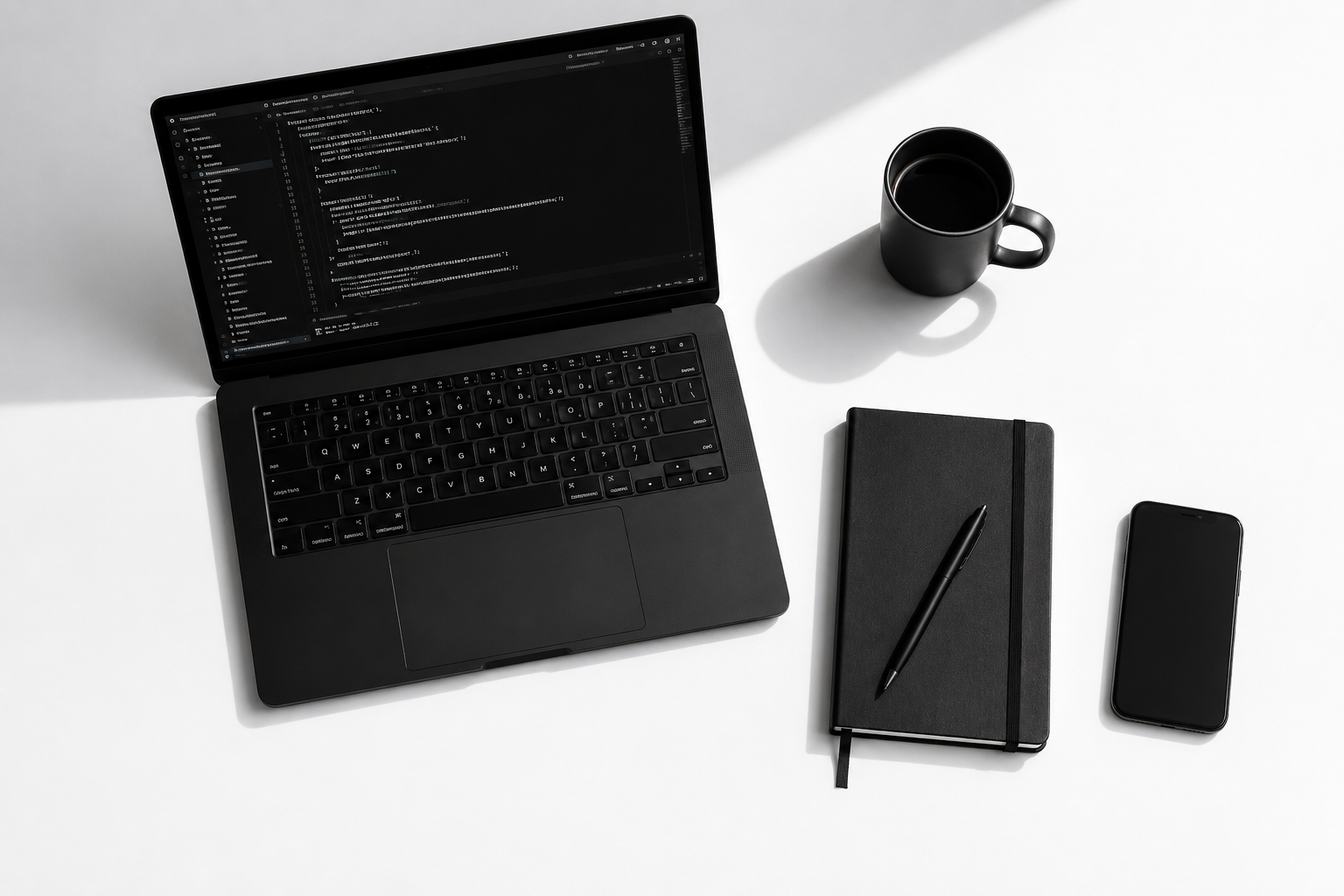 Developer workspace with laptop, notebook, and coffee
